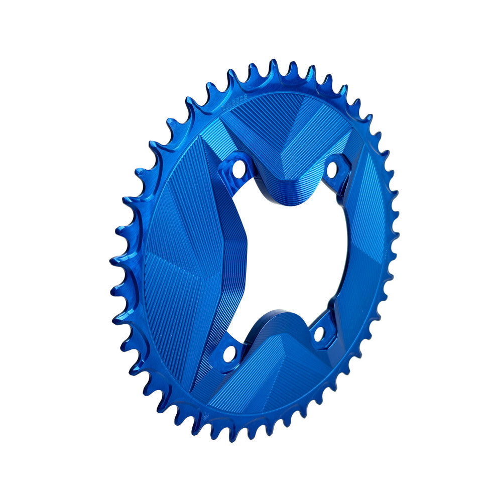 Blue anodized round ALUGEAR 1X AERO chainring for Shimano GRX, angled view showing AERO machined face