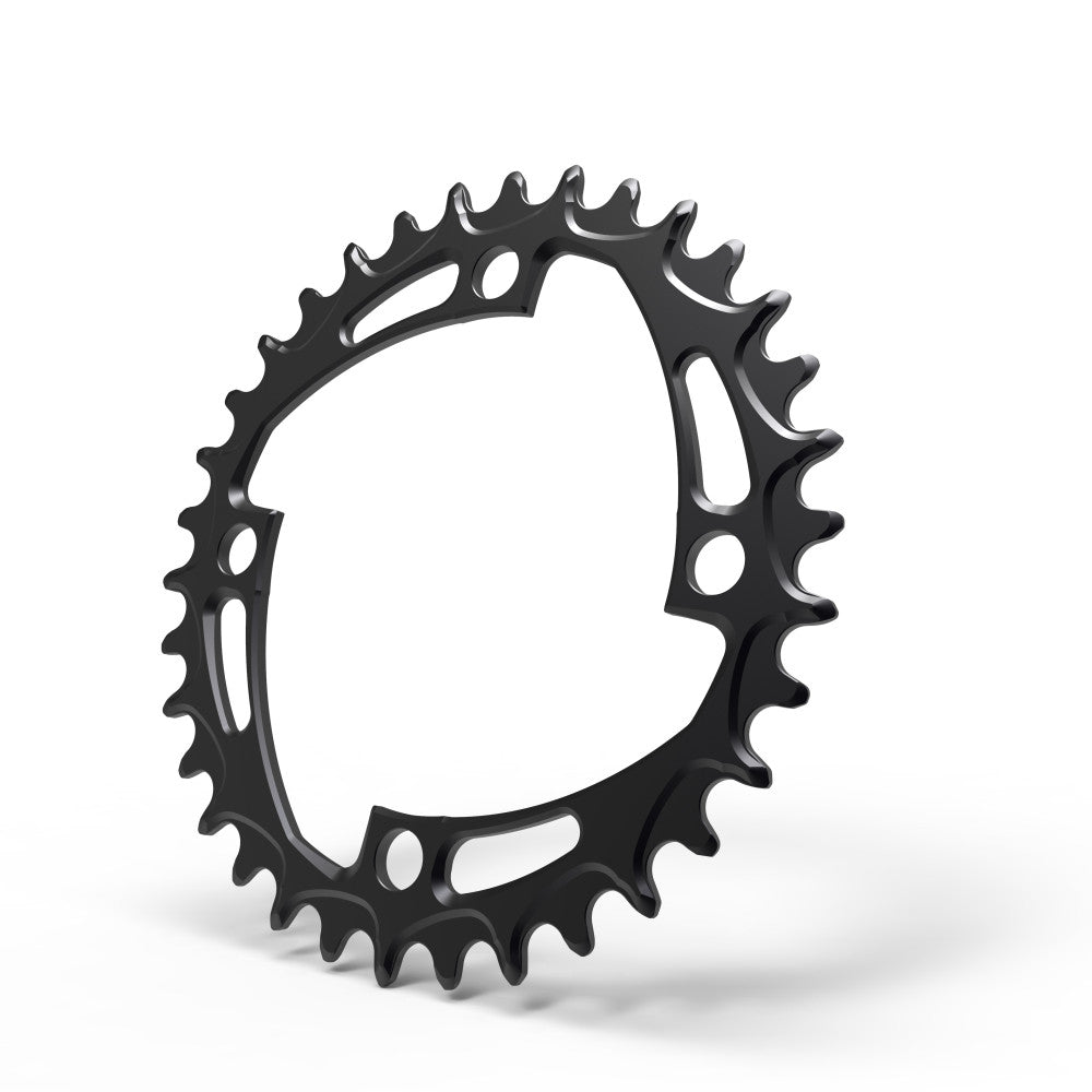 Black round ALUGEAR road/gravel chainring, 104 BCD 4-bolt, spiral cut-out spider, angled view