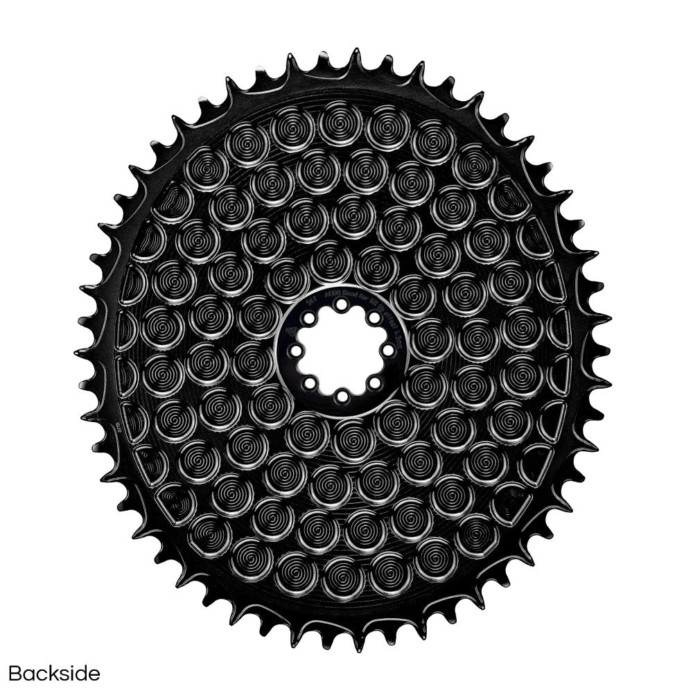 Black oval ALUGEAR AERO Golf Ball 1X chainring backside, SRAM 8-bolt direct-mount, spiral relief cut pattern