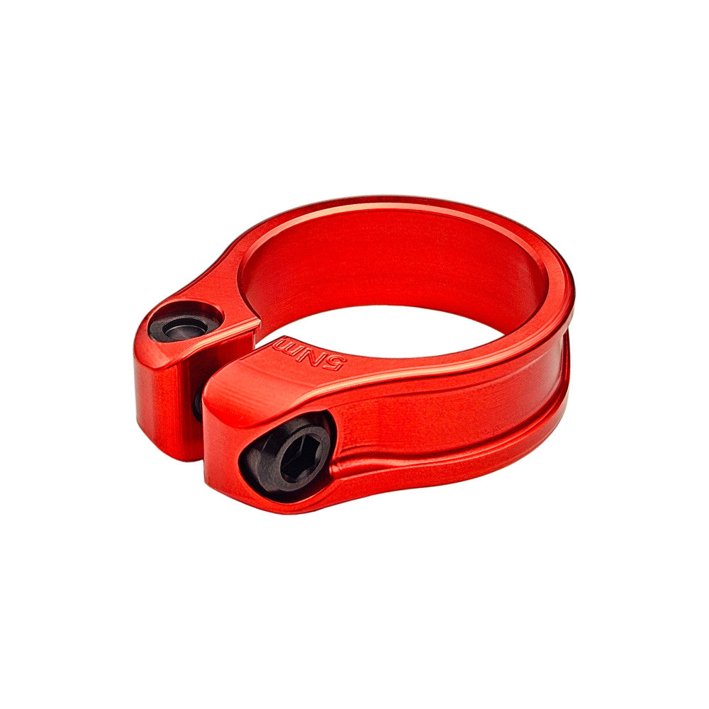 Red anodized ALUGEAR seatpost clamp with 5Nm torque marking, alternate angle showing bolt and nut
