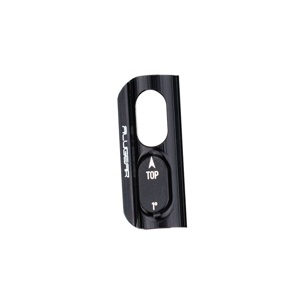 Black ALUGEAR front derailleur adapter, alternate side profile, oval slot and TOP orientation marking