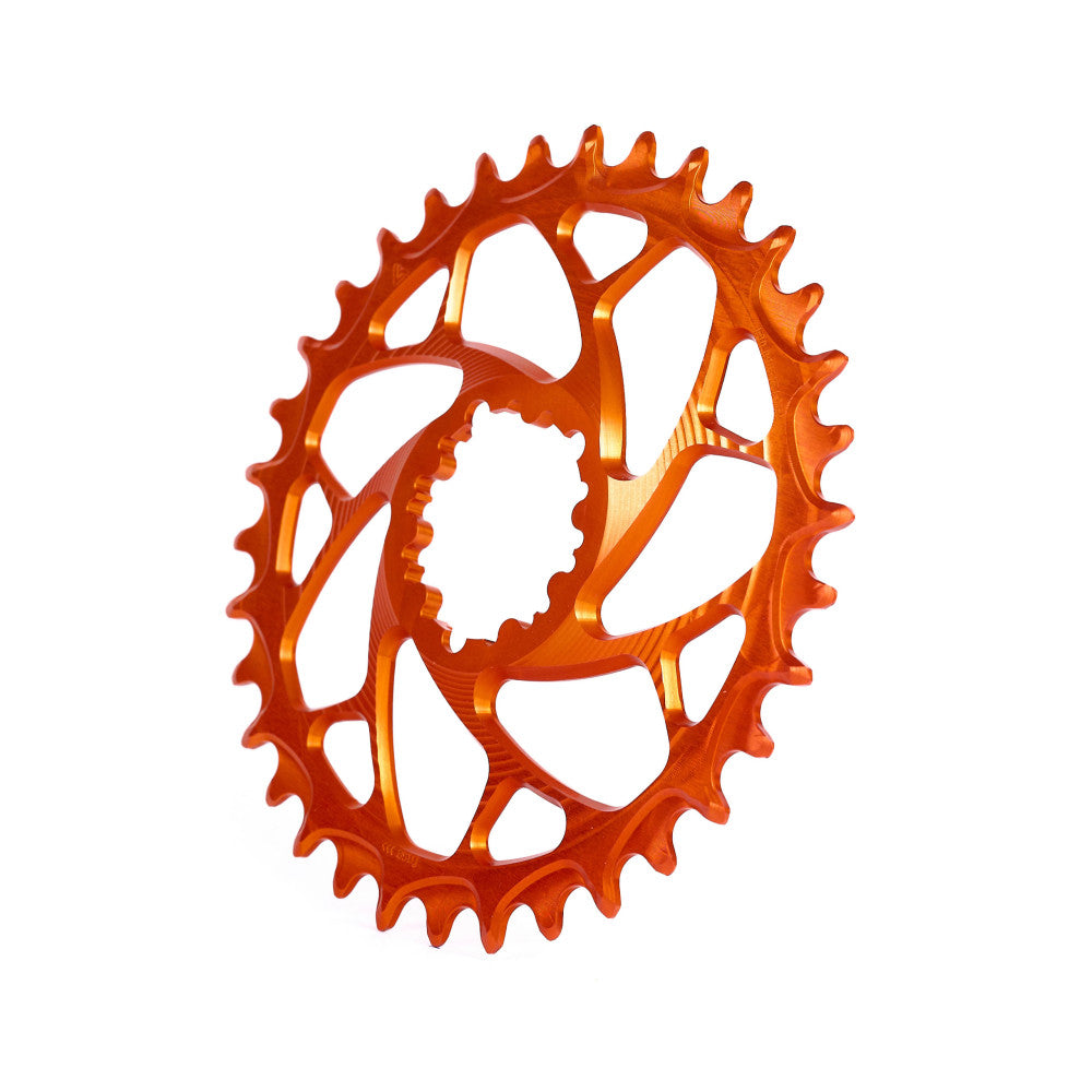 Orange anodized ALUGEAR oval narrow-wide MTB chainring with spiral cut-out spider, SRAM 3-bolt direct-mount Boost