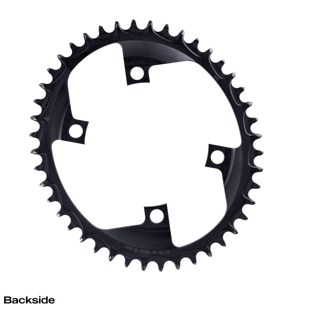Black oval ALUGEAR road chainring backside, 110 BCD 4-bolt SRAM Apex, angular cutout pattern