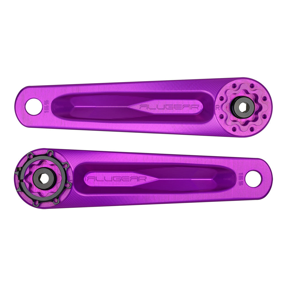 Pair of purple anodized ALUGEAR Stellar AL MTB crank arms, inner face view showing DUB spindle interface