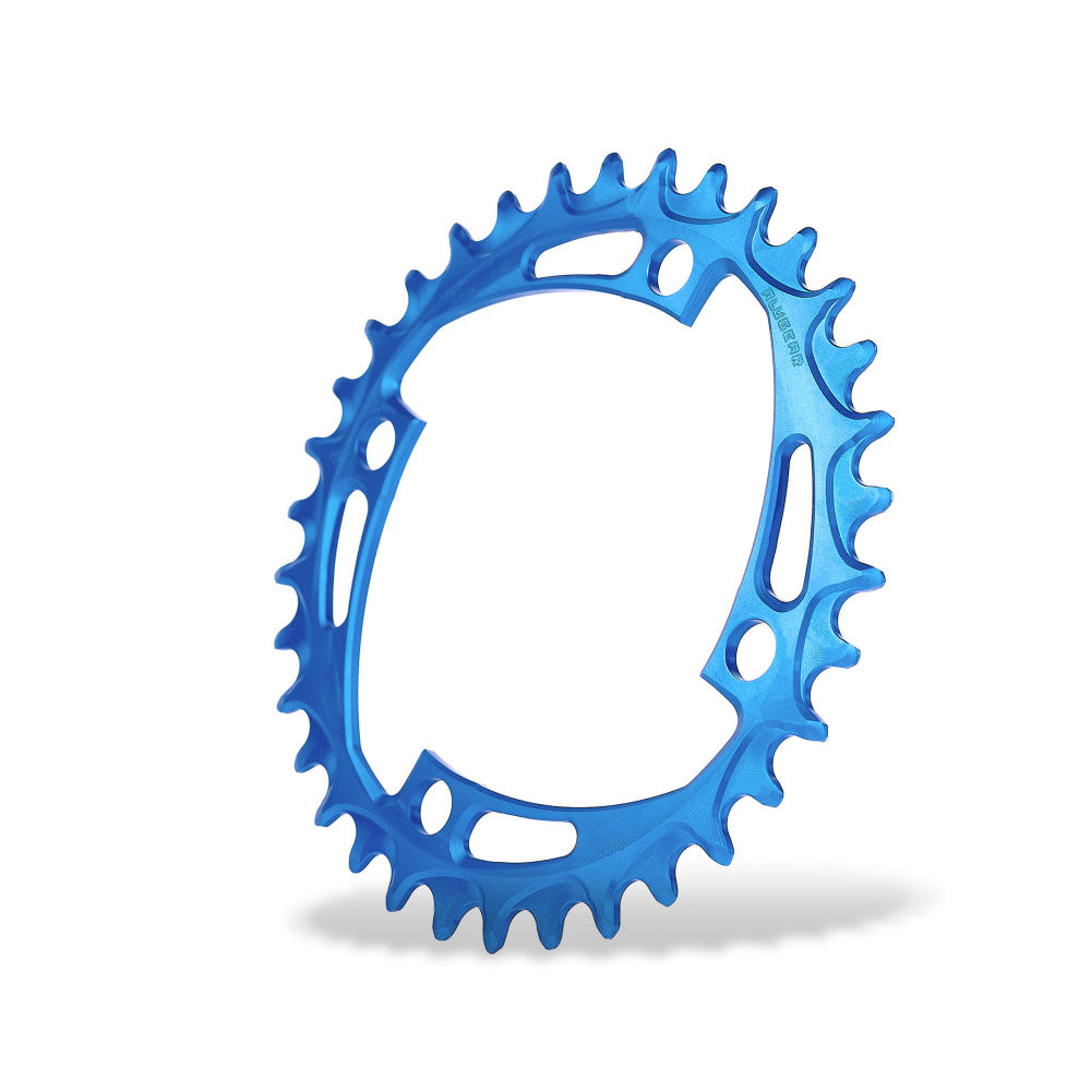 Black round ALUGEAR MTB chainring, 104 BCD 4-bolt symmetric, narrow-wide teeth, angled view