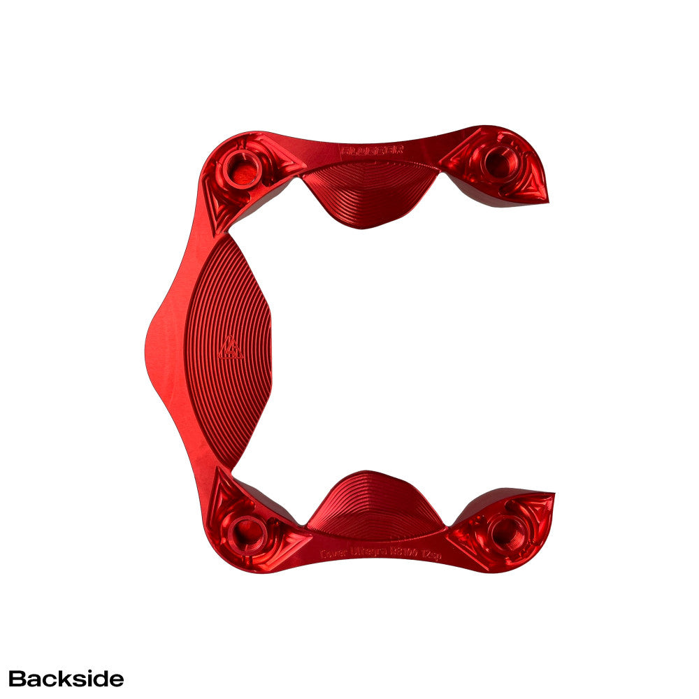 Red anodized ALUGEAR aero spider cover backside view for Shimano Ultegra R8100 12-speed cranks