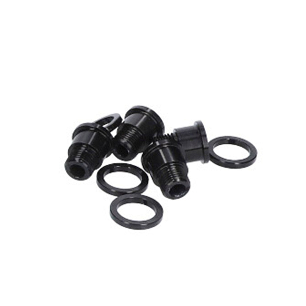 Black anodized ALUGEAR cover bolts and spacer rings set, threaded body with flanged base, for chainring cover attachment