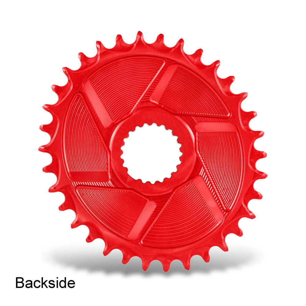 Red anodized ALUGEAR round Boost AERO MTB chainring backside, Shimano direct-mount 12sp, angular panel cutouts