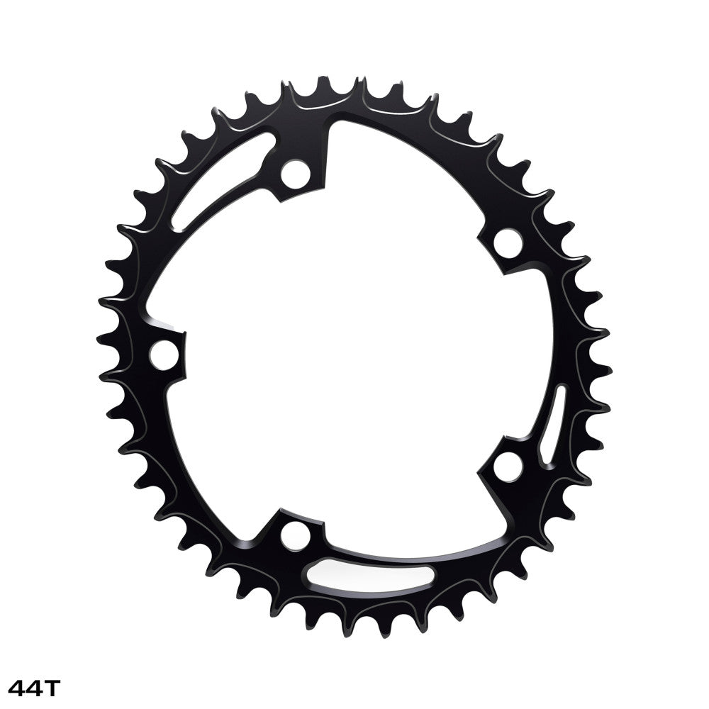 Black oval ALUGEAR road chainring with slot-cut spider, 130 BCD 5-bolt, 1X narrow-wide teeth, 44T engraved