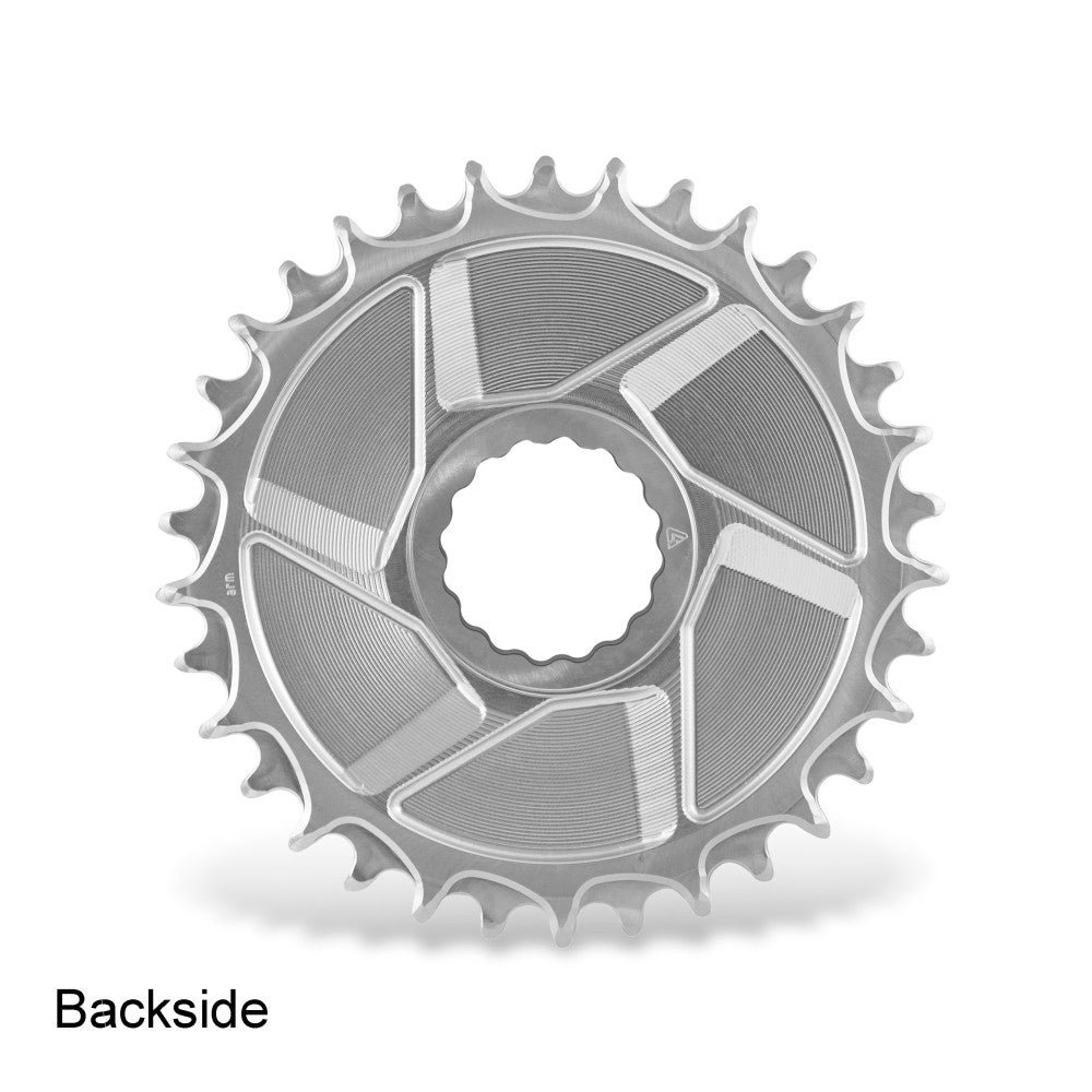 Silver natural-finish ALUGEAR round Boost AERO MTB chainring backside, Race Face Cinch direct-mount, 5-arm geometric pattern