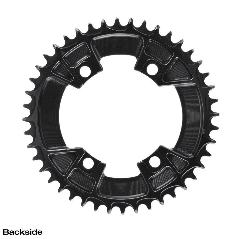 Black round ALUGEAR AERO road chainring, 107 BCD 4-bolt SRAM asymmetric, 1X, backside view
