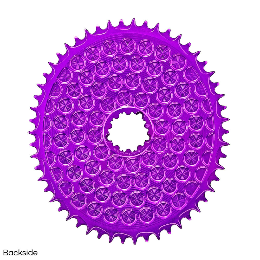 Purple anodized oval ALUGEAR AERO Golf Ball 1X chainring backside, SRAM 3-bolt direct-mount, spiral relief cut pattern