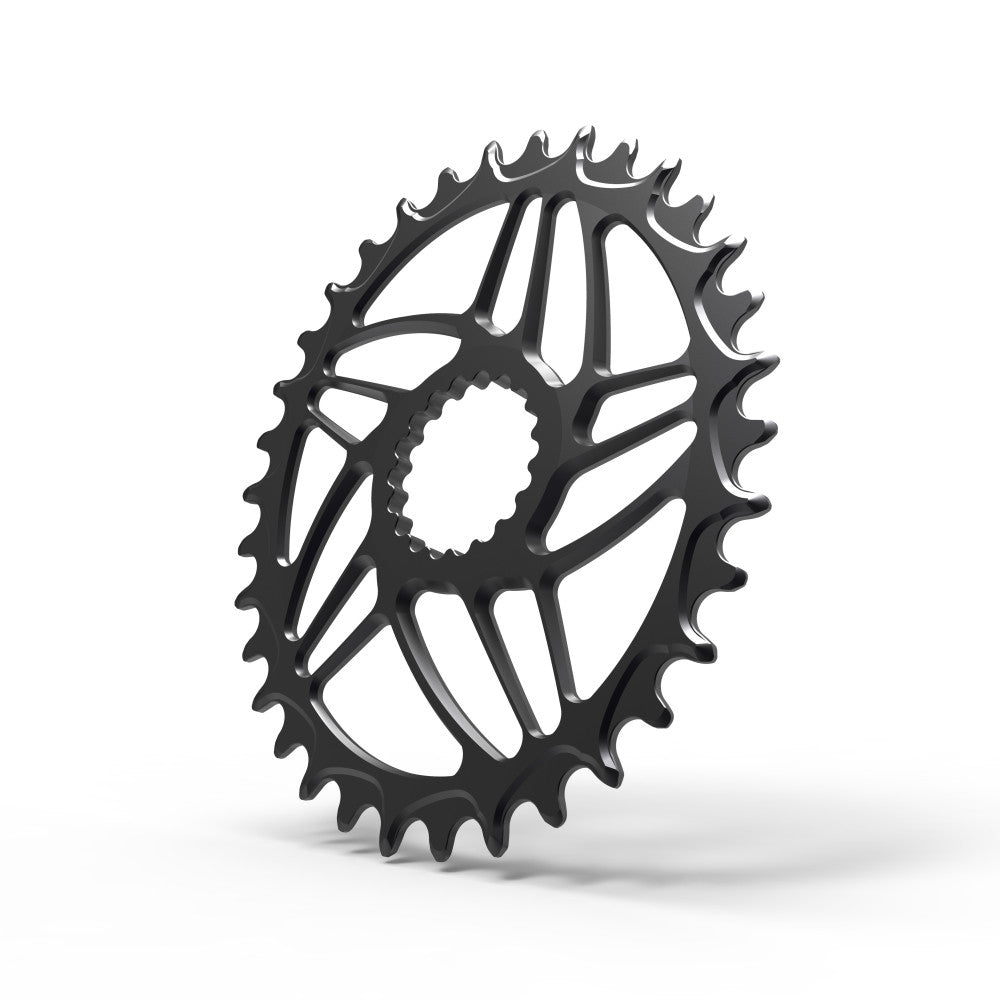 Black oval ALUGEAR non-boost MTB chainring, Cannondale Hollowgram direct-mount, angled view