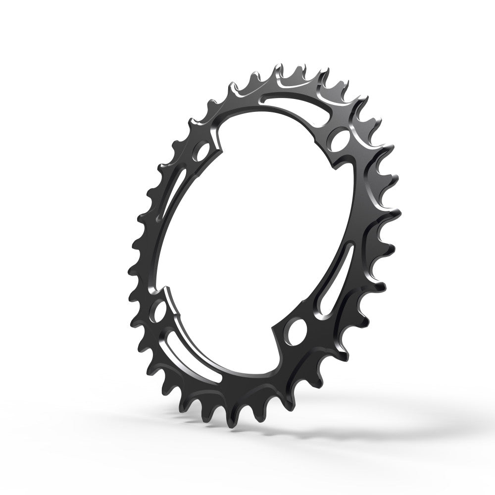 Black oval ALUGEAR road/gravel chainring, 104 BCD 4-bolt, curved spoke cut-outs, angled view