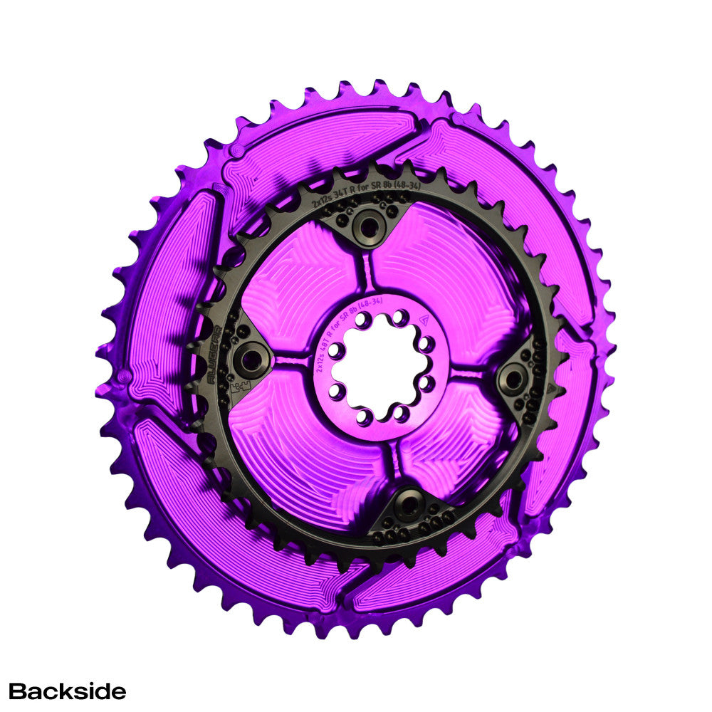 Purple anodized ALUGEAR 2x round chainring set backside, SRAM 8-bolt direct-mount with inner ring