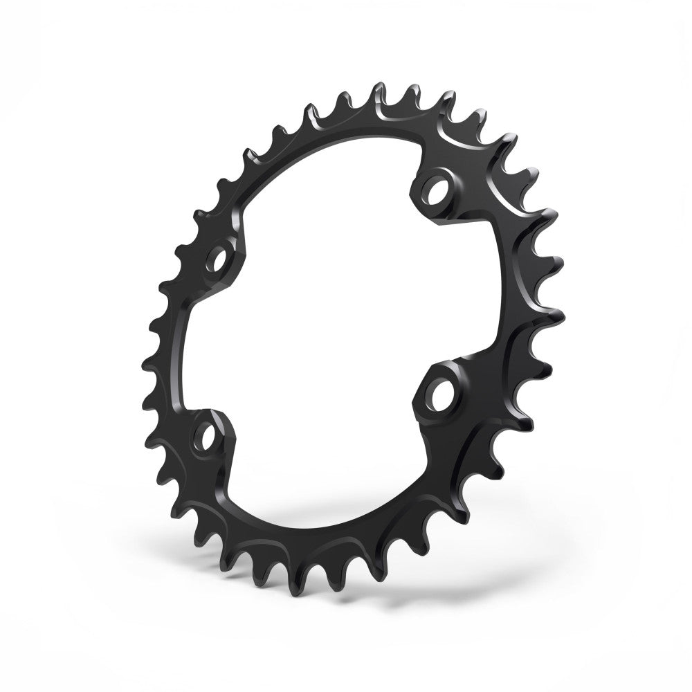 Black round ALUGEAR MTB chainring, 96 BCD 4-bolt Shimano XTR asymmetric, narrow-wide teeth, angled view