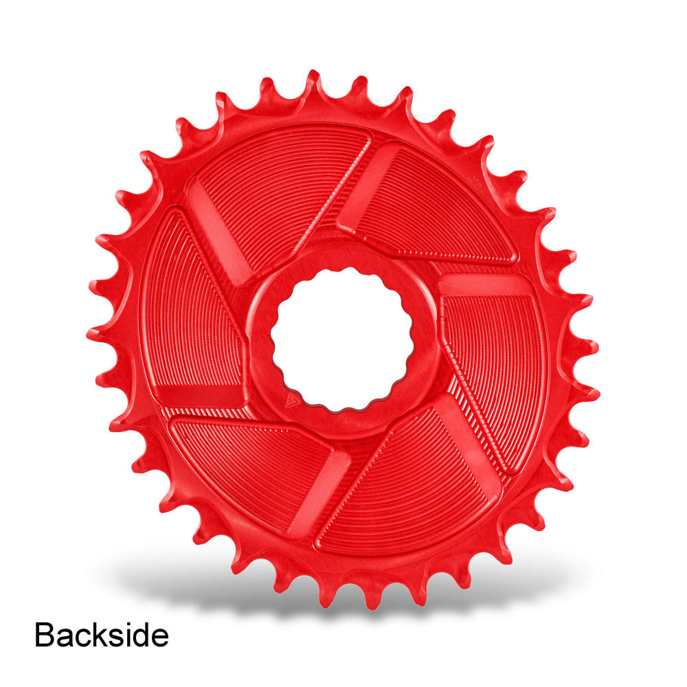 Red anodized ALUGEAR round Boost AERO MTB chainring backside, Race Face Cinch direct-mount, angular panel cutouts