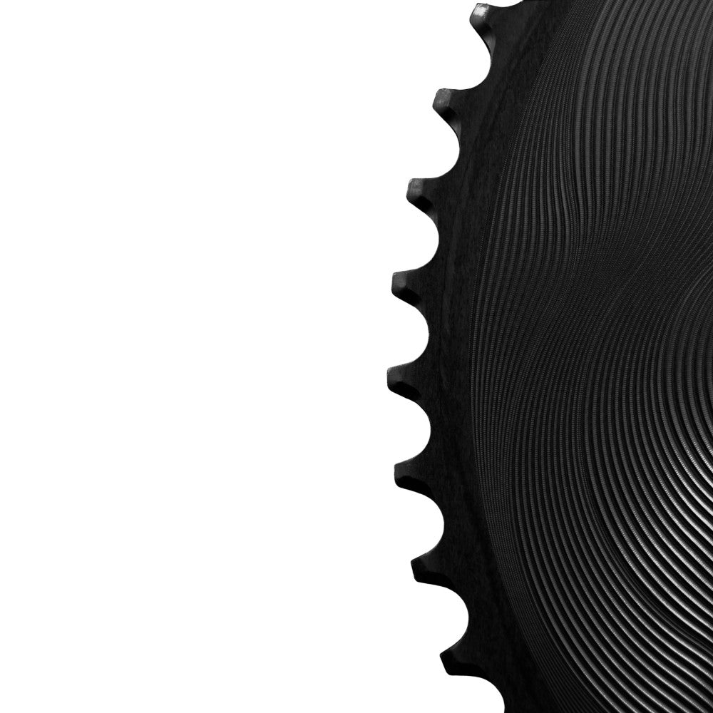 Black ALUGEAR AERO road chainring close-up teeth, 110 BCD 4-bolt Shimano asymmetric, machined concentric finish