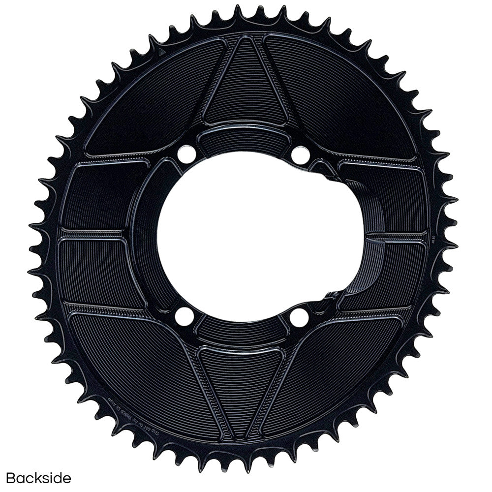 Black oval ALUGEAR road chainring backside with geometric cutout pattern, 110 BCD 4-bolt Shimano asymmetric, 1X 12-speed