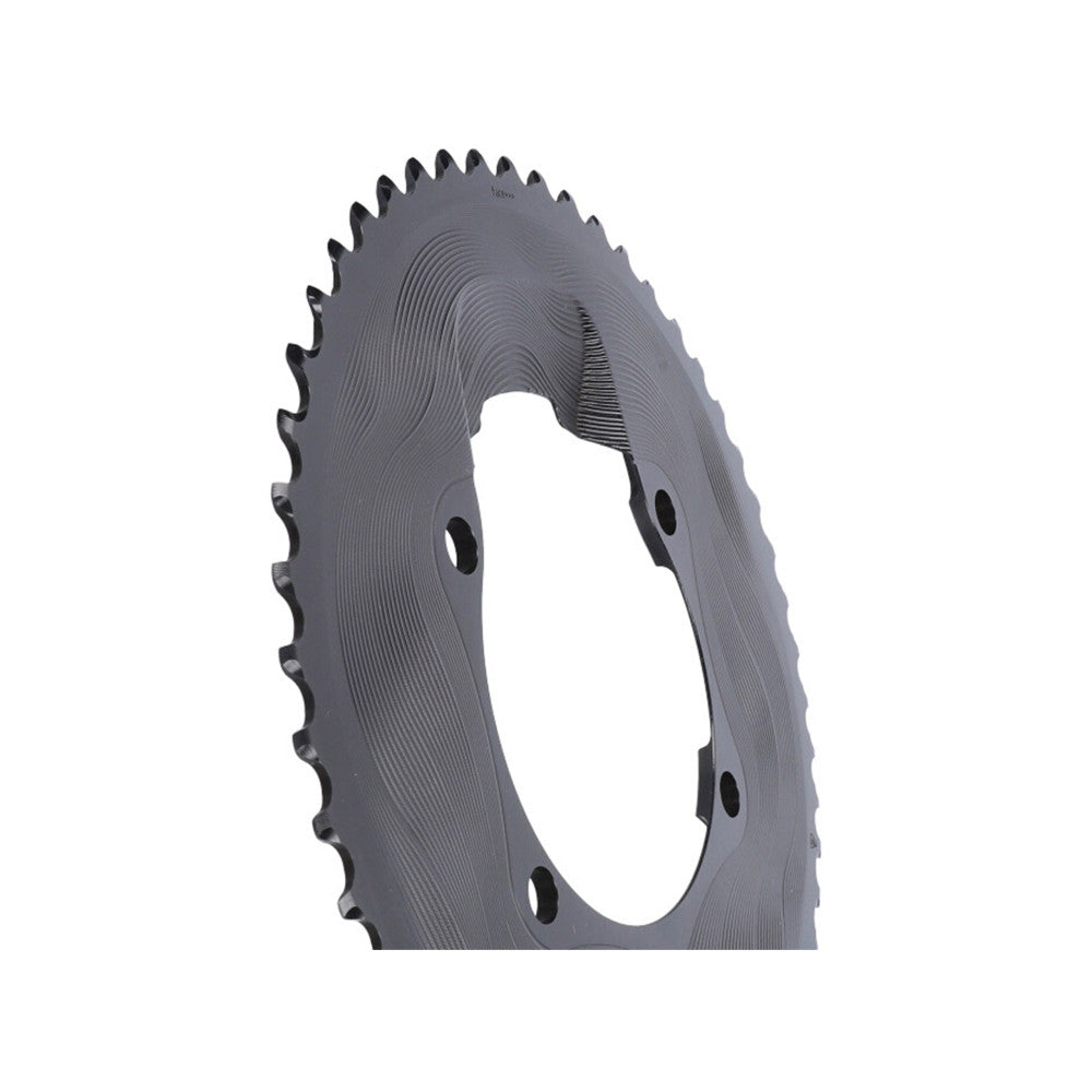 Black round ALUGEAR AERO outer 2X road chainring side profile, 110 BCD 4-bolt Shimano asymmetric
