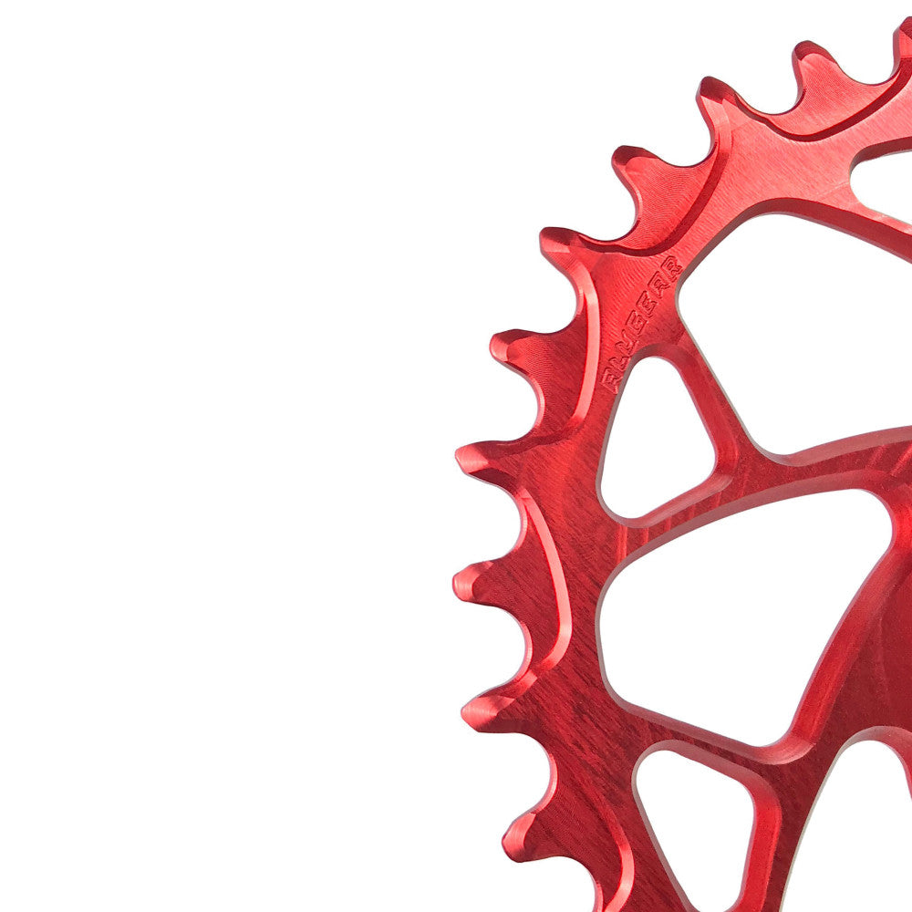 Red anodized ALUGEAR round narrow-wide MTB chainring close-up showing teeth detail, SRAM 3-bolt direct-mount