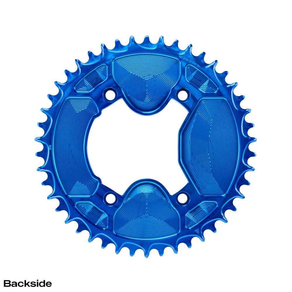 Blue anodized round ALUGEAR 1X AERO chainring for Shimano GRX, backside view with asymmetric bolt pattern