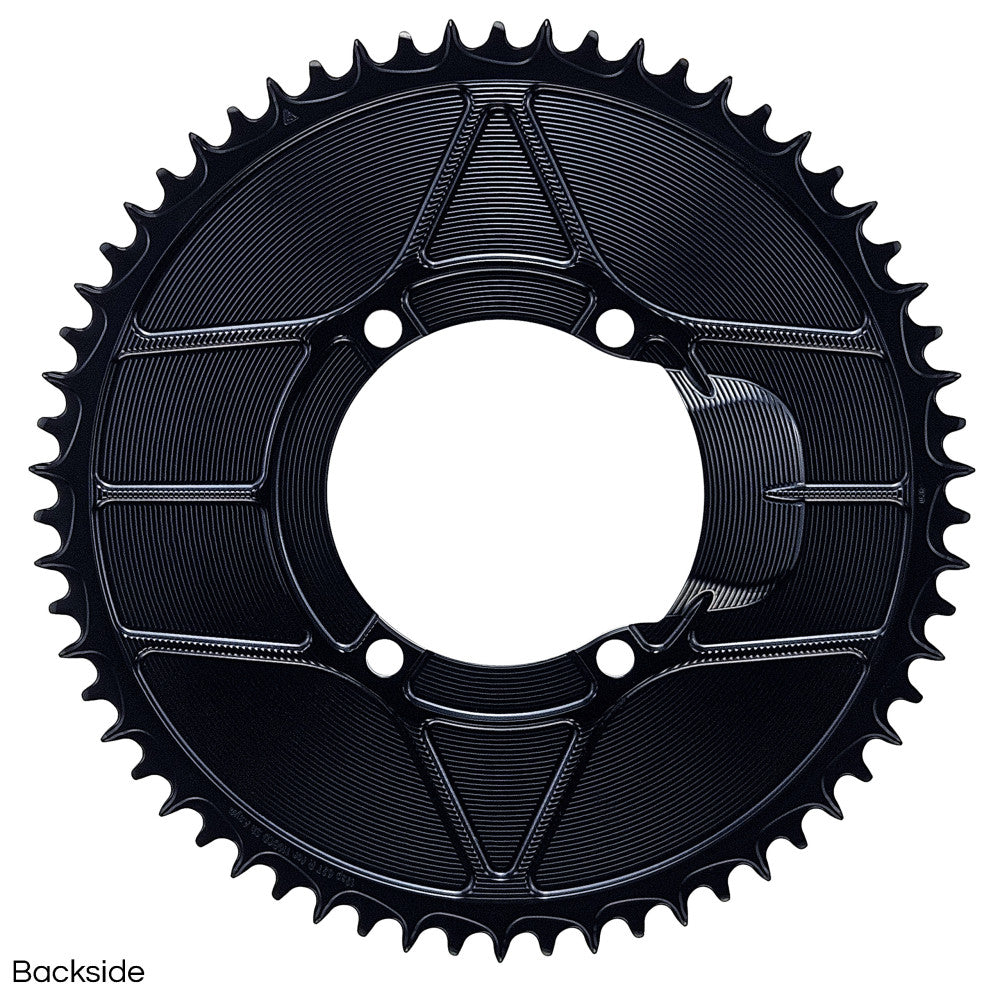 Black round ALUGEAR road chainring backside with geometric cutout pattern, 110 BCD 4-bolt Shimano asymmetric, 1X 12-speed