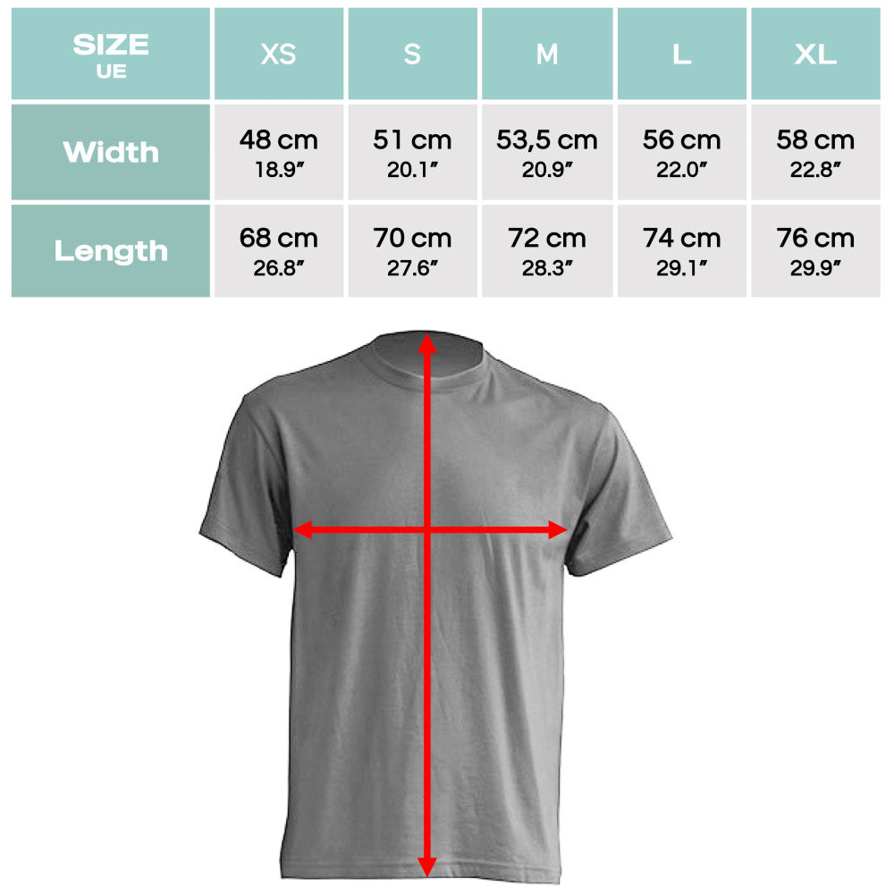 ALUGEAR Aries T-shirt size guide chart showing width and length measurements XS through XL in cm and inches