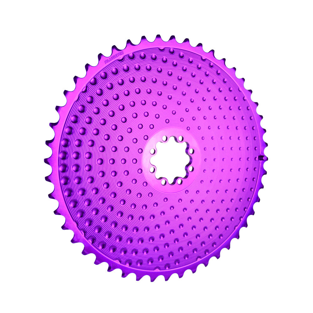 Purple anodized ALUGEAR round road chainring full face view, SRAM 8-bolt direct-mount, dotted surface texture