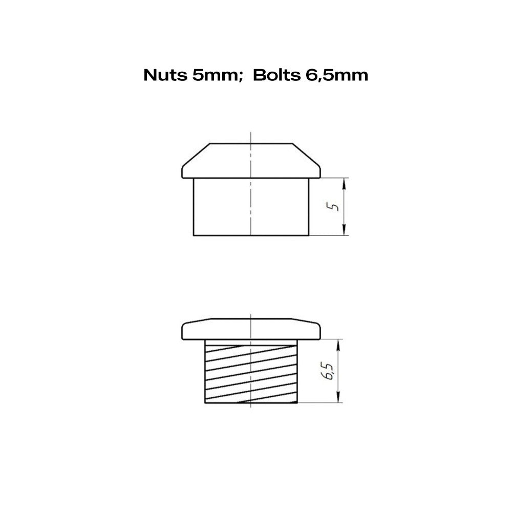Technical dimension drawing of chainring bolt set, nuts 5mm height and bolts 6.5mm length