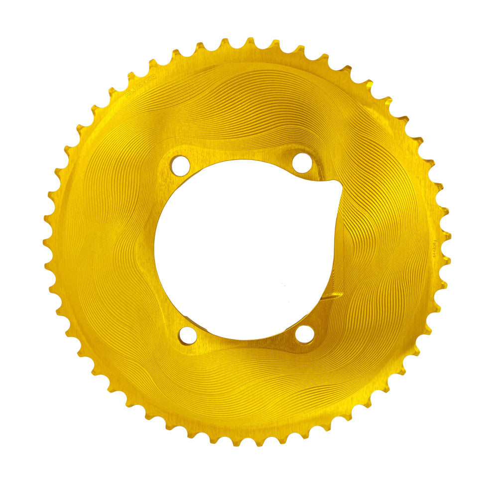 Gold anodized ALUGEAR outer road chainring, 110 BCD 4-bolt Shimano asymmetric, wave-machined surface, top view