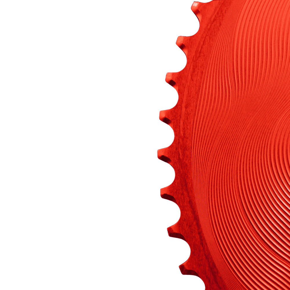 Red anodized ALUGEAR AERO round road chainring close-up teeth detail, 110 BCD 4-bolt Shimano asymmetric