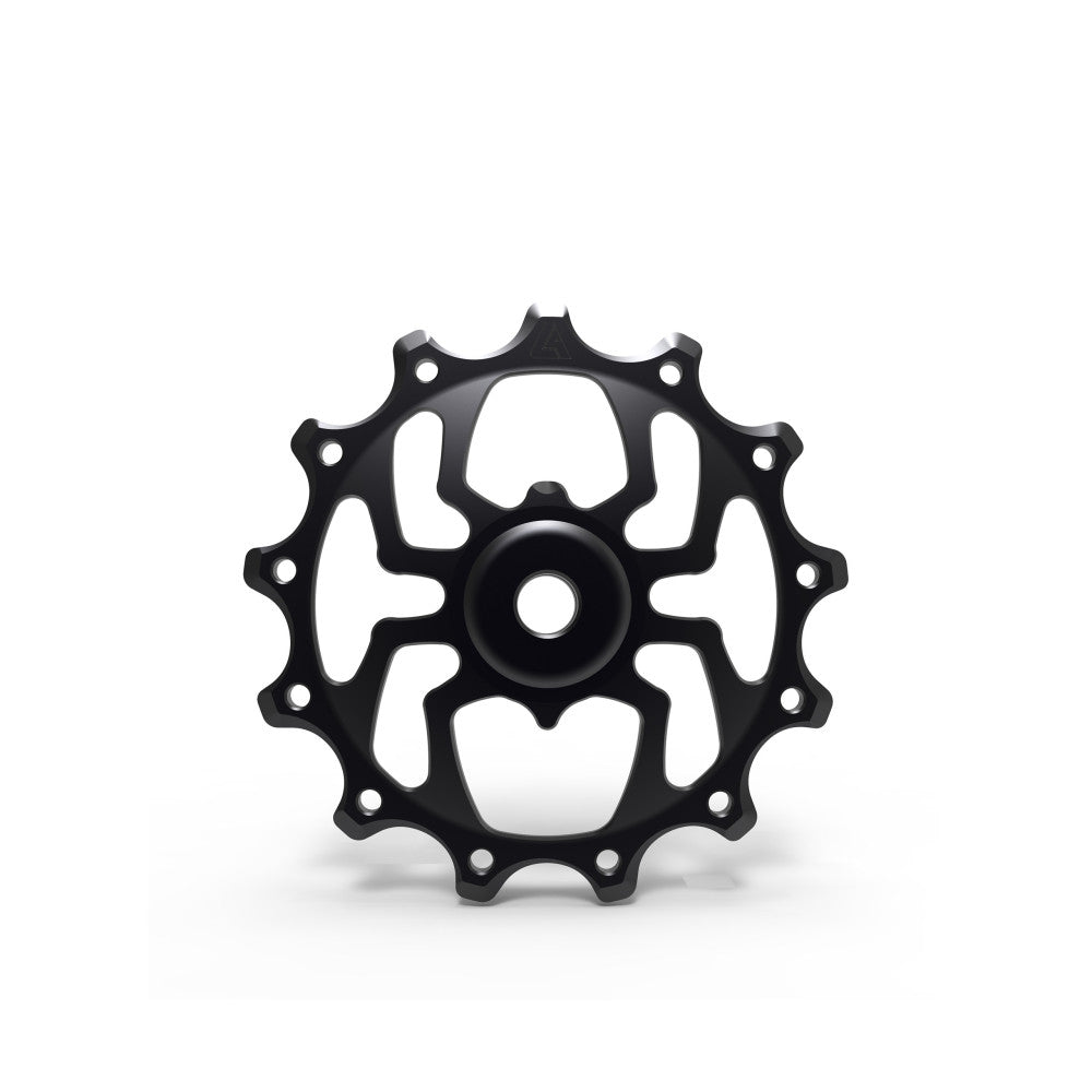 Single black anodized ALUGEAR Spider-style MTB rear derailleur pulley, 13T, Shimano 12-speed, front view