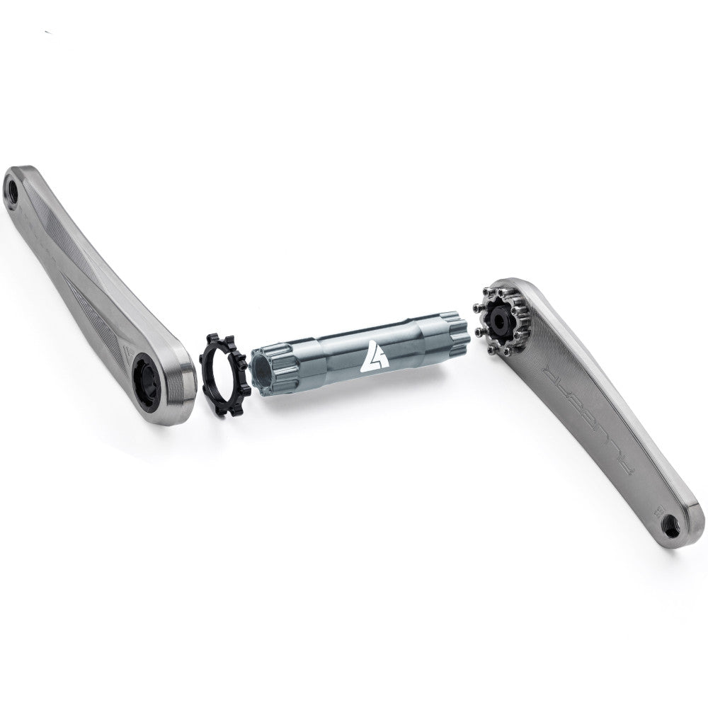 Exploded view of titanium ALUGEAR Stellar Ti MTB crank arms with DUB spindle and preload ring