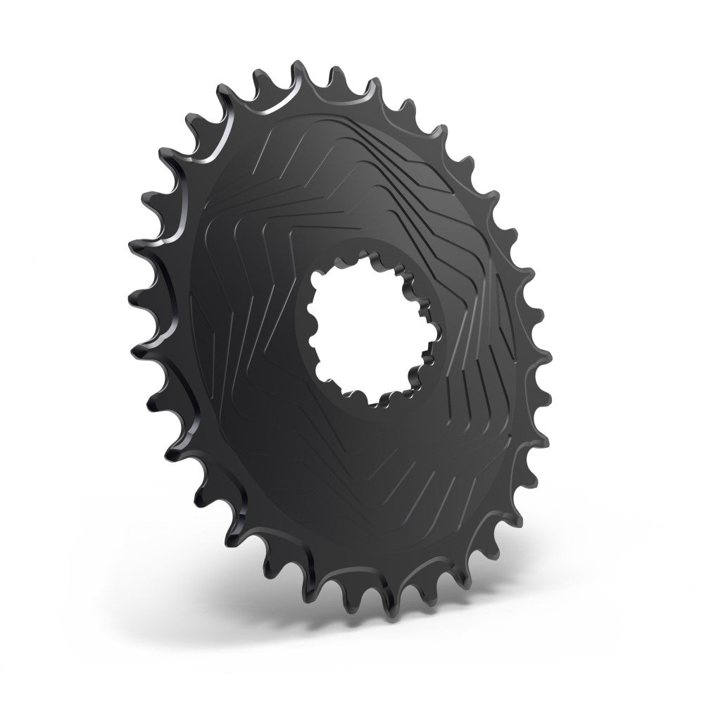 Black ALUGEAR round Boost MTB chainring, SRAM 3-bolt direct-mount, wave disc body, narrow-wide teeth, front view