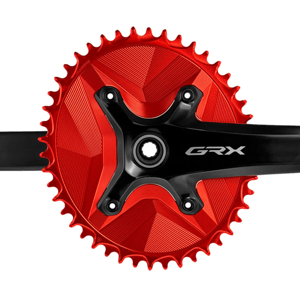 Red anodized round ALUGEAR 1X AERO chainring installed on Shimano GRX crank, front view