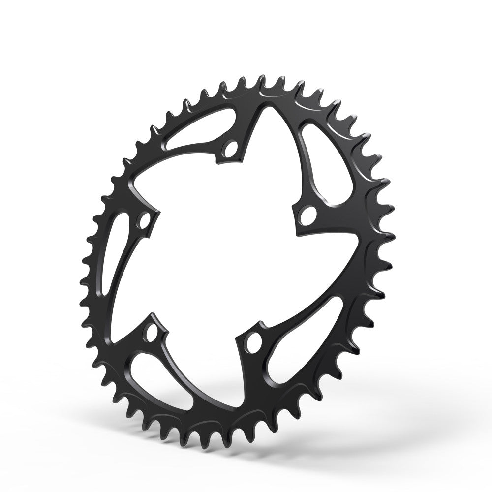 Black round ALUGEAR road/gravel chainring, 110 BCD 5-bolt, star cut-out spider, three-quarter view