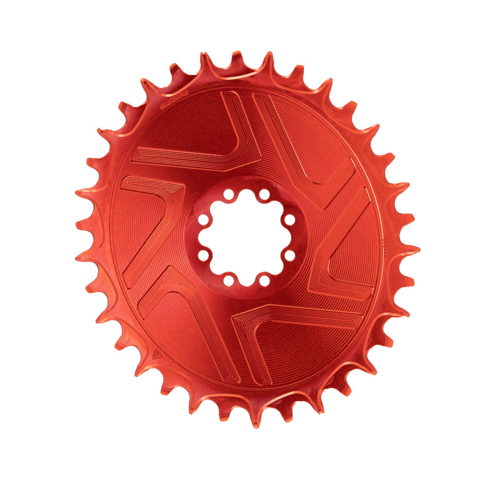 Red anodized oval ALUGEAR Boost AERO MTB chainring, SRAM 8-bolt direct-mount T-Type, narrow-wide teeth