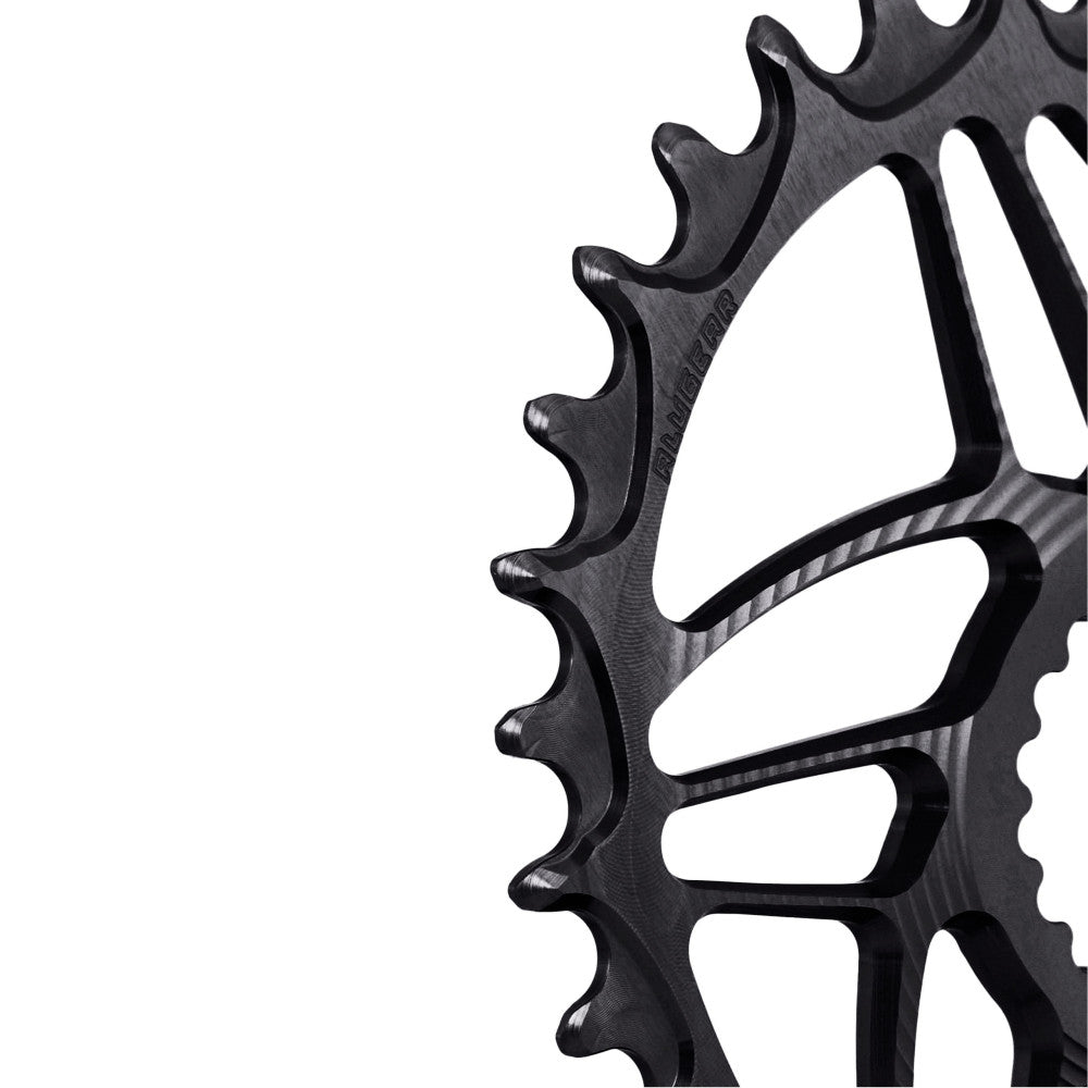 Red anodized ALUGEAR MTB chainring, Cannondale Hollowgram direct-mount, macro close-up of narrow-wide teeth
