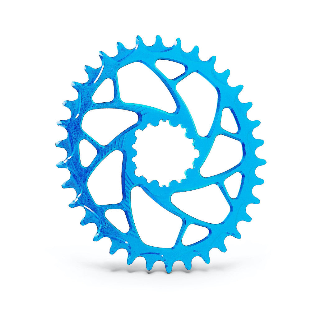 Niebieska anodowana okrągła zębatka narrow-wide MTB ALUGEAR z pająkiem o spiralnych wycięciach, SRAM direct-mount Boost na 3 śruby