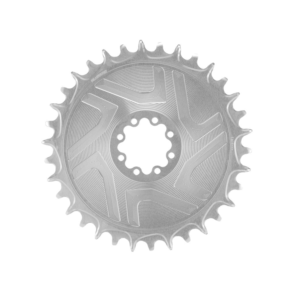 Silver natural round ALUGEAR Boost AERO MTB chainring backside, SRAM 8-bolt direct-mount T-Type