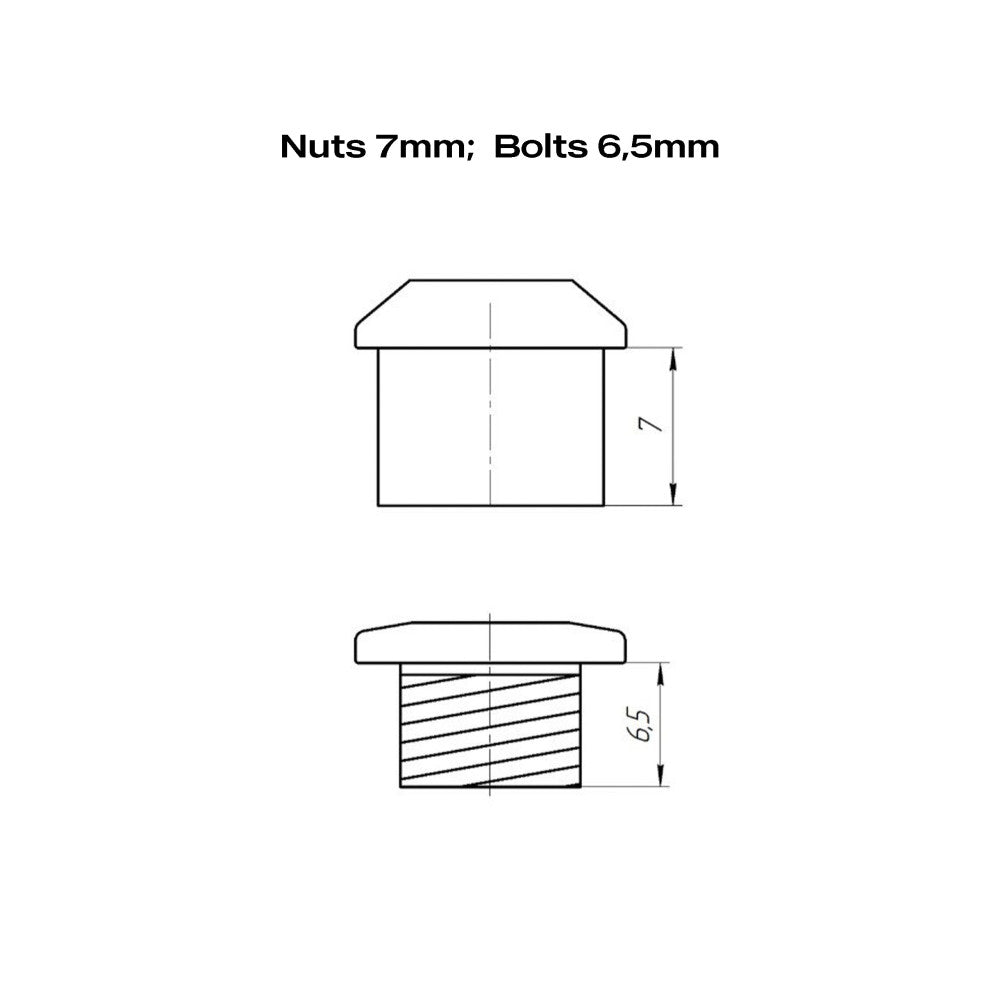Technical dimension drawing of chainring bolt set, nuts 7mm height and bolts 6.5mm length