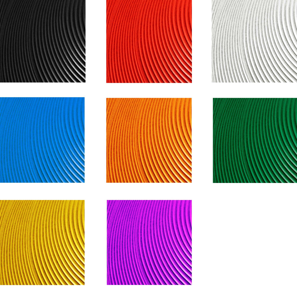Eight anodized colour swatches (black, red, silver, blue, orange, green, gold, purple) for ALUGEAR Cannondale chainrings