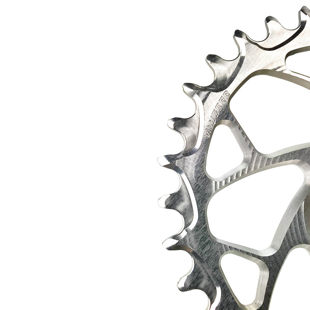 Silver raw-finish ALUGEAR round narrow-wide MTB chainring close-up showing teeth detail, SRAM 3-bolt direct-mount