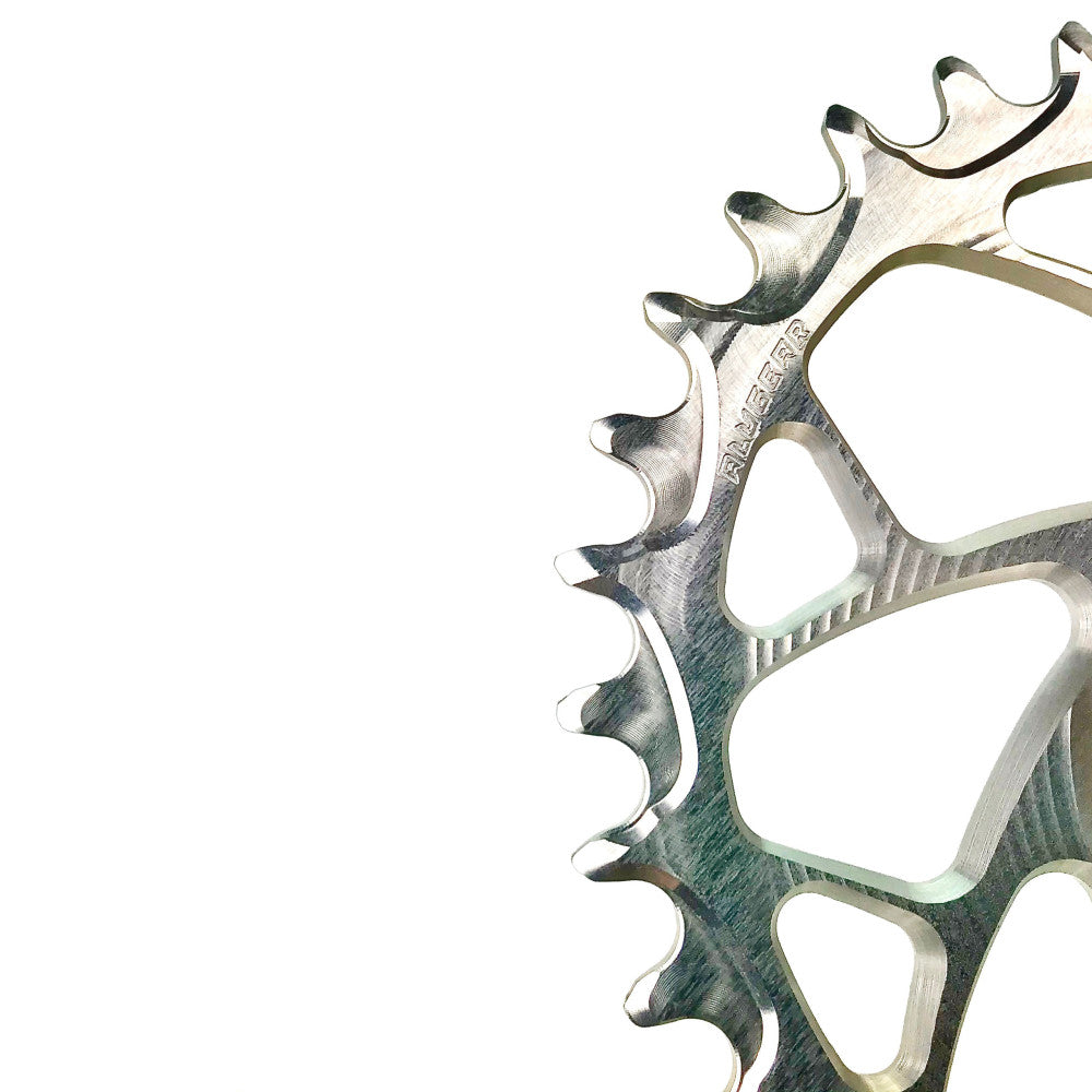 Silver raw-finish ALUGEAR round narrow-wide MTB chainring close-up showing teeth, e*thirteen direct-mount Boost