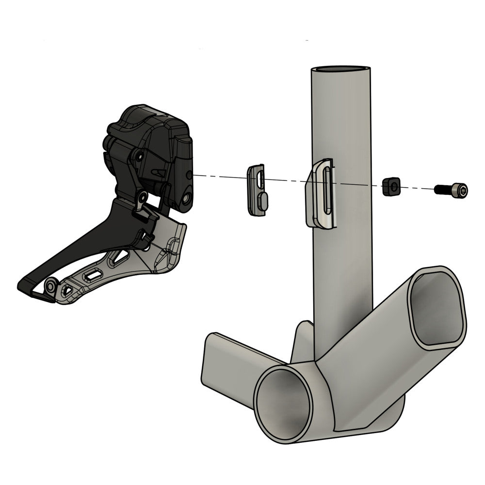 Technical exploded diagram showing ALUGEAR front derailleur adapter mounting to bicycle frame seat tube