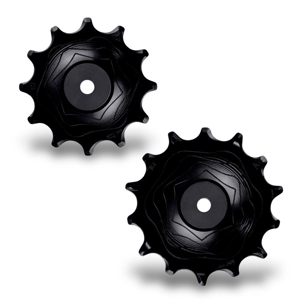 Para czarnych anodowanych rolek tylnej przerzutki AERO MTB ALUGEAR, 14T+12T, SRAM 11/12-rzędowy, lico z falistym frezowaniem