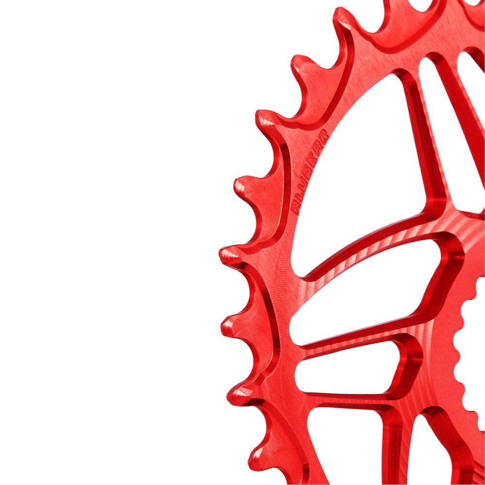 Silver natural-finish ALUGEAR MTB chainring, Cannondale Hollowgram direct-mount, macro close-up of narrow-wide teeth