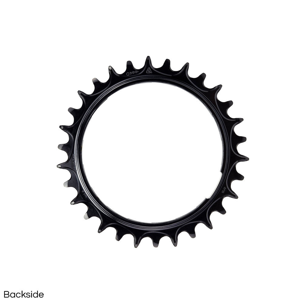 Black ALUGEAR round AERO thread-mount 1X MTB chainring backside, 30T, geometric pattern reverse, narrow-wide teeth
