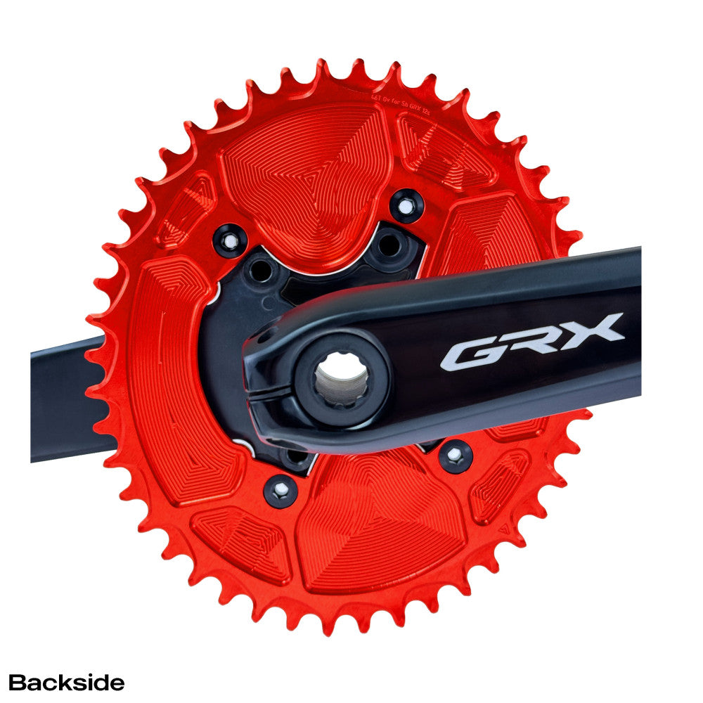 Red anodized round ALUGEAR 1X AERO chainring installed on Shimano GRX crank, backside detail view